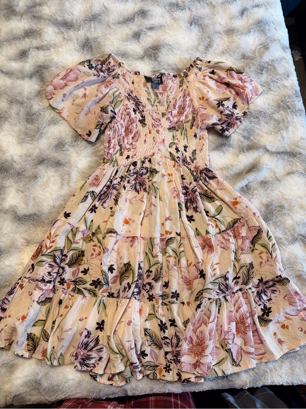 Angie Girls Blush Floral Tiered Smocked Dress
